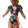 Women's V Neck Ruffle One Piece Swimsuit Tropical Floral Bathing Suit