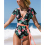 Women's V Neck Ruffle One Piece Swimsuit Tropical Floral Bathing Suit
