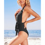 Women's Deep V Neck Self Tied Belt Bathing Suit
