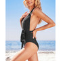 Women's Deep V Neck Self Tied Belt Bathing Suit