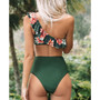 Women's Dark Green Floral One Shoulder Ruffle High Waisted Bikini