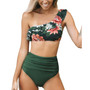 Women's Dark Green Floral One Shoulder Ruffle High Waisted Bikini