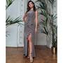 Women's Sleeveless Cascade-Front Glitter Gown