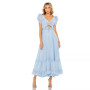 Women's Ruffle Tiered Metallic Ruched Shoulder Dress