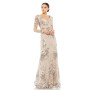 Women's Embellished V Neck Illusion Long Sleeve Gown