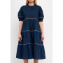 Women's Short Puff Sleeve Dress Piping Detail