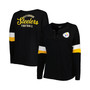 Women's Black Pittsburgh Steelers Plus Size Athletic Varsity Lace-Up V-Neck Long Sleeve T-shirt