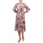 Women's Long Sleeve Clip Dot Chiffon Dress with Smocked Waist and Cuffs Dress