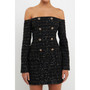 Women's Double Button Off Shoulder Tweed Dress