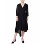 Petite 3/4 Sleeve Belted Chiffon Handkerchief Hem Dress