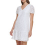 Women's Lace Puff-Sleeve Flutter-Hem Shift Dress