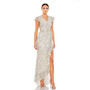 Women's Sequined Faux Wrap Ruffle Cap Sleeve Gown