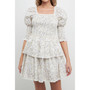 Women's Lace Trim Floral Print Smocked Sleeve Mini Dress