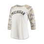 Women's White and Camo Michigan Wolverines Boyfriend Baseball Raglan 3/4 Sleeve T-shirt