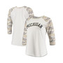 Women's White and Camo Michigan Wolverines Boyfriend Baseball Raglan 3/4 Sleeve T-shirt