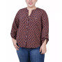 Plus Size 3/4 Sleeve Roll Tab Y Neck Blouse
