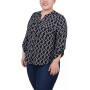 Plus Size 3/4 Sleeve Roll Tab Y Neck Blouse