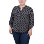 Plus Size 3/4 Sleeve Roll Tab Y Neck Blouse