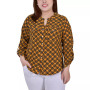 Plus Size 3/4 Sleeve Roll Tab Y Neck Blouse