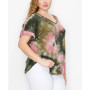 Plus Size Hand Tie Dye V-Neck Rolled Sleeve Top