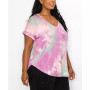 Plus Size Hand Tie Dye V-Neck Rolled Sleeve Top