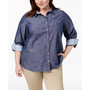 Plus Size Cotton Chambray Roll-Sleeve Shirt, Created for Macy's