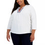 Plus Size Cotton Split Neck 3/4-Sleeve Top