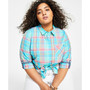 Plus Size Cotton Plaid Roll-tab Sleeve Button-Up Shirt