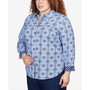 Plus Size Moody Blues Monotone Medallion Ribbon Trim Button Down Top