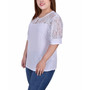 Plus Size Short Puff Sleeve Top with Lace Sleeves and Yoke