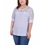 Plus Size Short Puff Sleeve Top with Lace Sleeves and Yoke