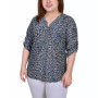 Plus Size 3/4 Roll Tab Zip Front Jacquard Knit Top