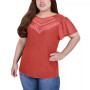Plus Size Studded Short Flutter Sleeve Top with Mesh Details