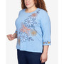 Plus Size Moody Blues Floral Embroidery Flutter Sleeve Top
