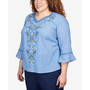Plus Size Moody Blues Scroll Center Embroidery V-Neck Top