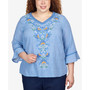 Plus Size Moody Blues Scroll Center Embroidery V-Neck Top