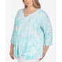 Plus Size Aqua Aficionada Printed Single Ring Neck 3/4 Sleeve Top