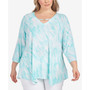 Plus Size Aqua Aficionada Printed Single Ring Neck 3/4 Sleeve Top