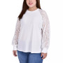 Plus Size Knit Crepe Top with Long Lace Balloon Sleeves