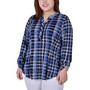 Plus Size Long Sleeve Roll Tab Sleeve Plaid Y-Neck Top