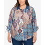 Plus Size Autumn Weekend Medallion Patch Tie Sleeve Button Up Top