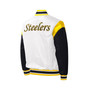 Men's White Pittsburgh Steelers Throwback Warm Up Pitch Satin Full-Snap Varsity Jacket