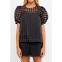 Women's Plaid Sheer Puff Sleeve Top