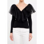 Women's Mixed Media Mesh Pleated Ruffle Top