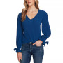 Women's Solid Long Sleeve V-Neck Tie-Cuff Blouse