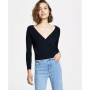 Women's Surplice-Neck Ribbed Long-Sleeve Top