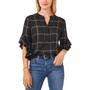 Plaid Flutter-Sleeve Henley Blouse