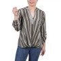 Petite Size 3/4 Push Tab Mandarin Collar Blouse with Front Pleats