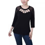 Petite 3/4 Sleeve Top with Neckline Cutouts and Stones