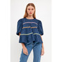 Women's Multi Color Trim Inserted Puff Sleeve Top